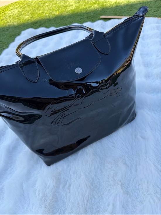 Longchamp Handbags - Longchamp Le Pliage Black Patent Leather Large Tote Shoulder Bag